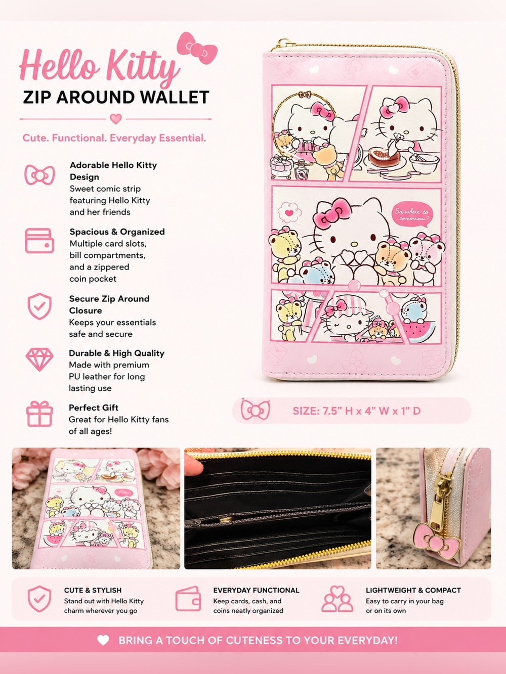 Hello Kitty Pink Zip-Around Wallet with Comic Panel Design